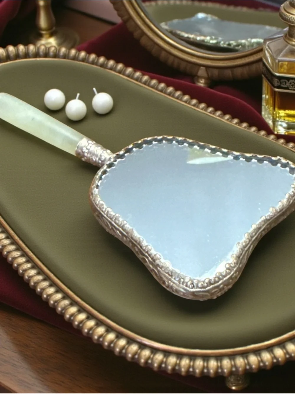 MCM Ornate Silver Floral Hand Mirror with Jade Handle